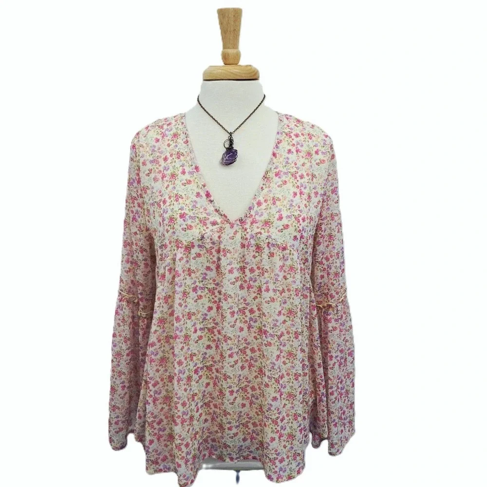 Pink Lily Floral Chiffon Babydoll Long‎ Bell Sleeve V Neck Top Womens L Boho